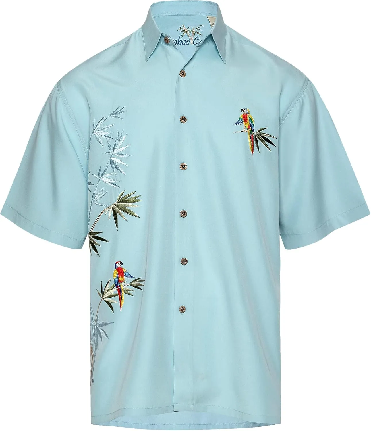 Bamboo Cay Embroidered Mens Short Sleeve Flying Parrots Tropical Hawaiian Button Down Shirt