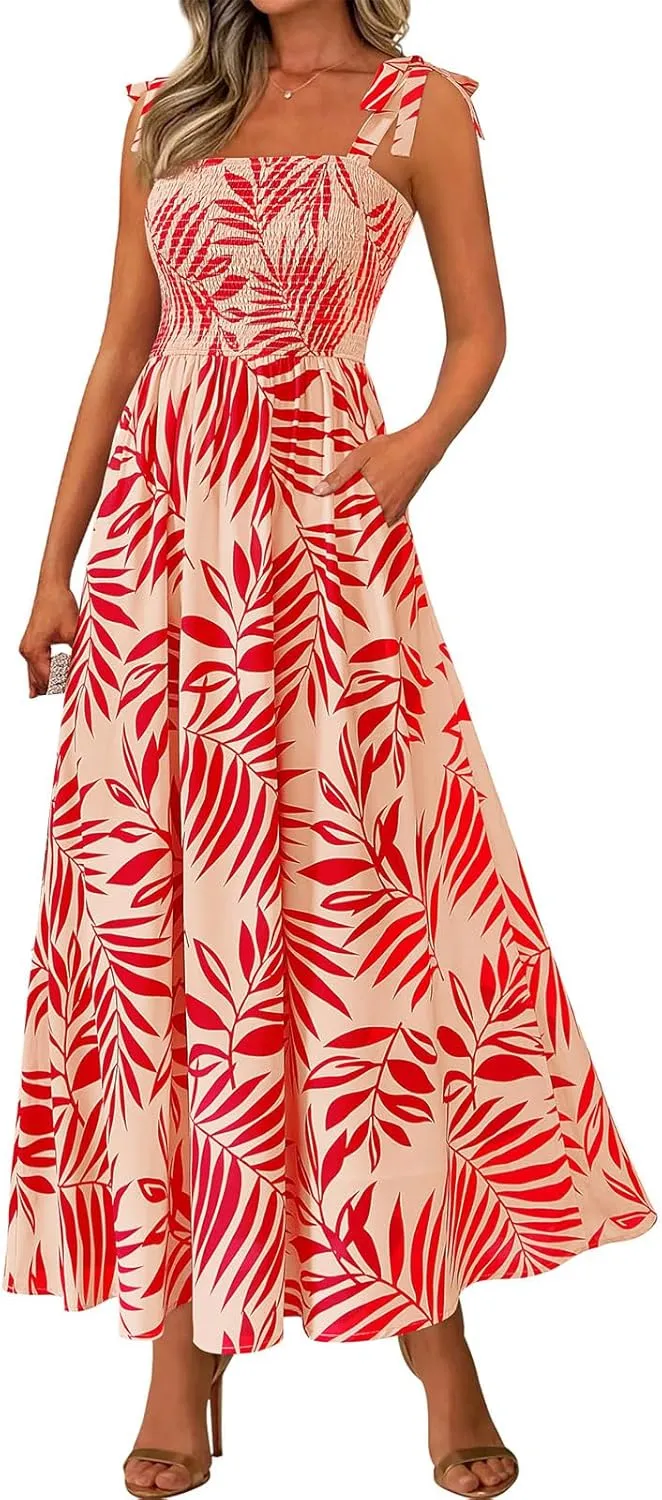 Boho Dresses for Women 2025 Summer Sleeveless Spaghetti Strap Maxi Dress Smocked Flowy Floral Dress Beach Sundress