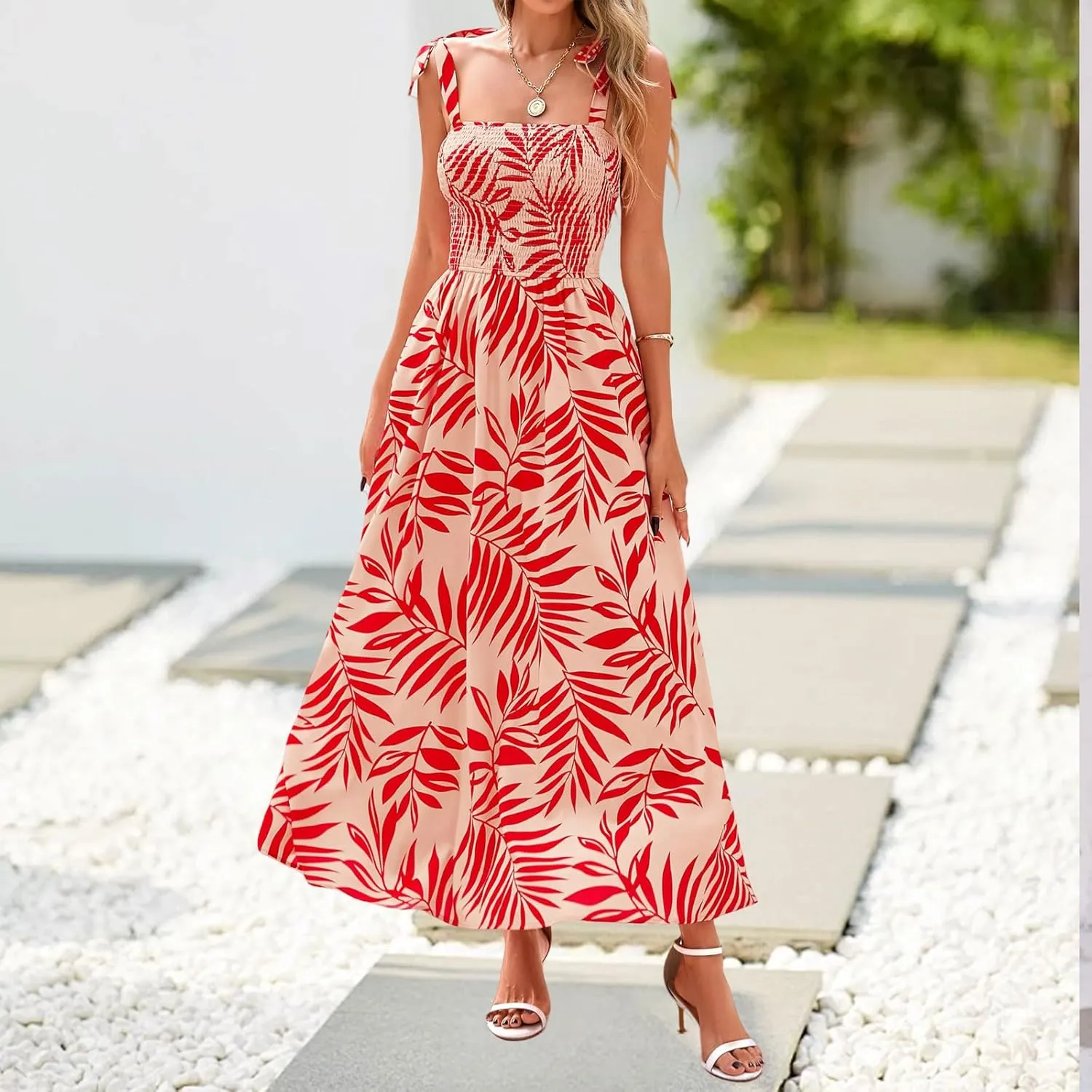 Boho Dresses for Women 2025 Summer Sleeveless Spaghetti Strap Maxi Dress Smocked Flowy Floral Dress Beach Sundress