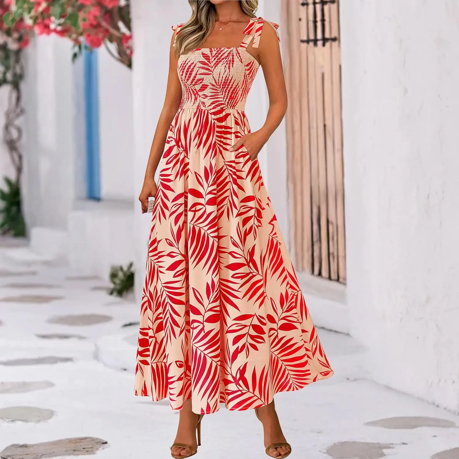 Boho Dresses for Women 2025 Summer Sleeveless Spaghetti Strap Maxi Dress Smocked Flowy Floral Dress Beach Sundress