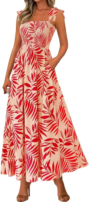 Boho Dresses for Women 2025 Summer Sleeveless Spaghetti Strap Maxi Dress Smocked Flowy Floral Dress Beach Sundress