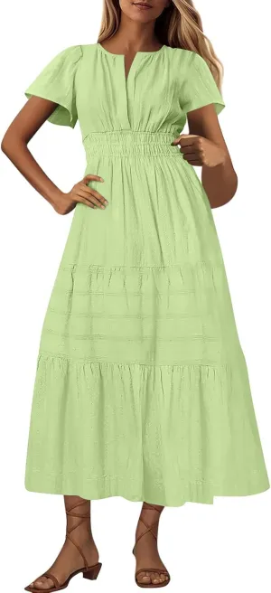Casual Dresses for Women 2025 High Waisted Summer Vacation Dress Short Sleeve V Neck Holiday Midi Dresses