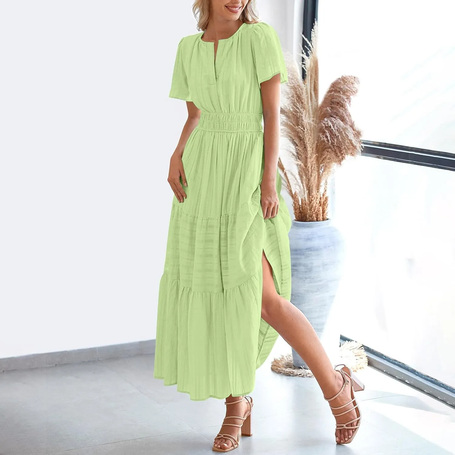 Casual Dresses for Women 2025 High Waisted Summer Vacation Dress Short Sleeve V Neck Holiday Midi Dresses