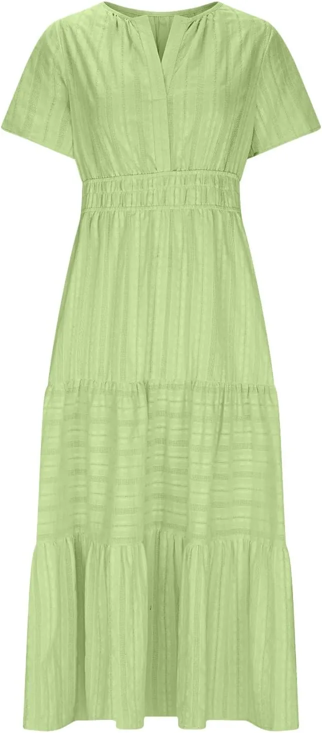 Casual Dresses for Women 2025 High Waisted Summer Vacation Dress Short Sleeve V Neck Holiday Midi Dresses