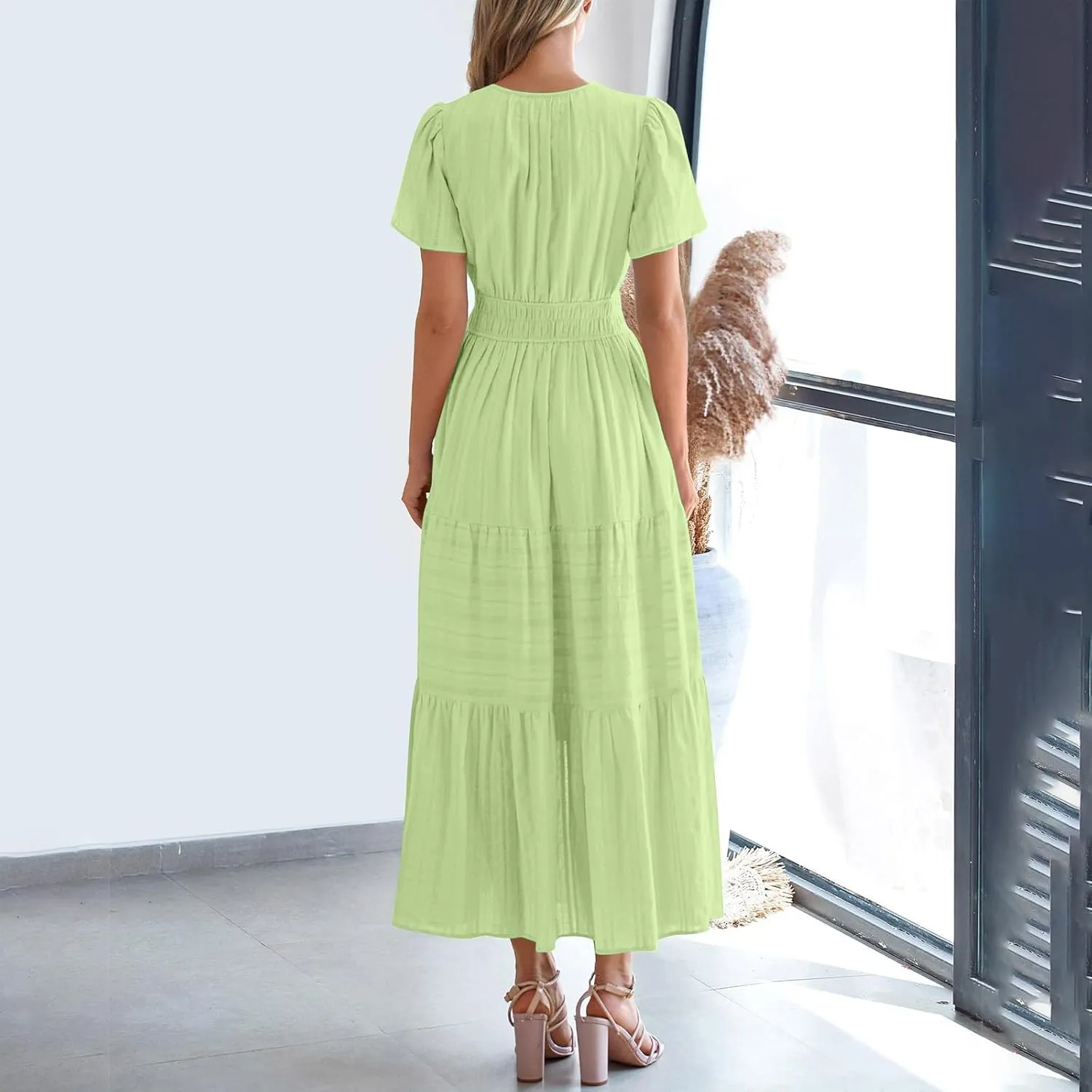 Casual Dresses for Women 2025 High Waisted Summer Vacation Dress Short Sleeve V Neck Holiday Midi Dresses