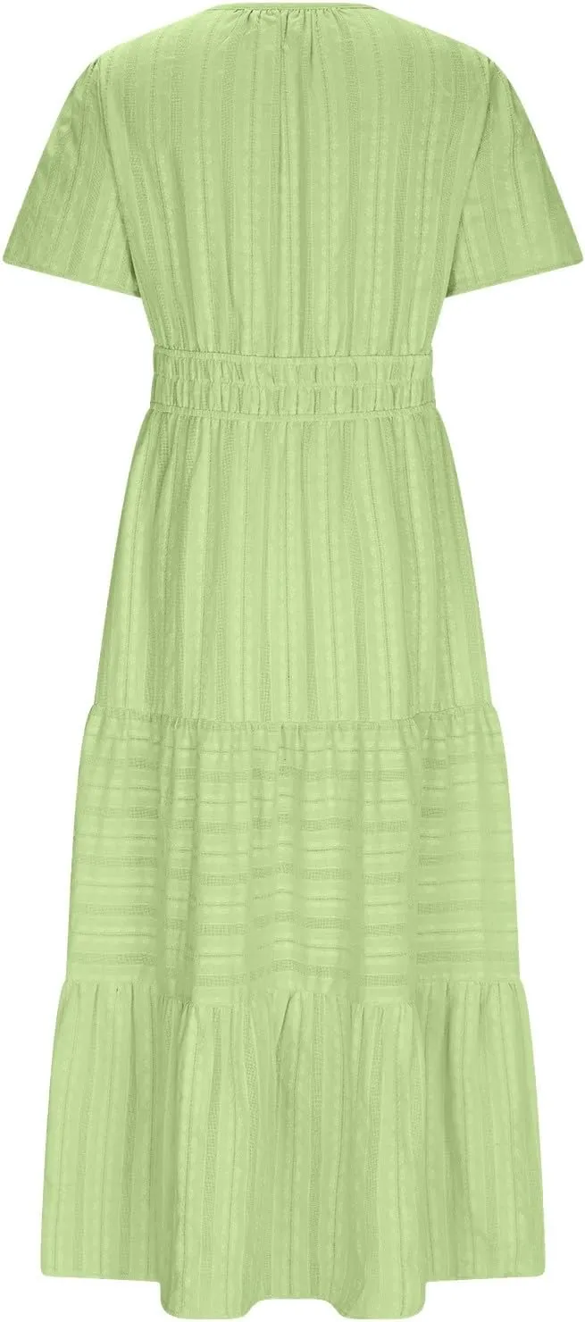 Casual Dresses for Women 2025 High Waisted Summer Vacation Dress Short Sleeve V Neck Holiday Midi Dresses