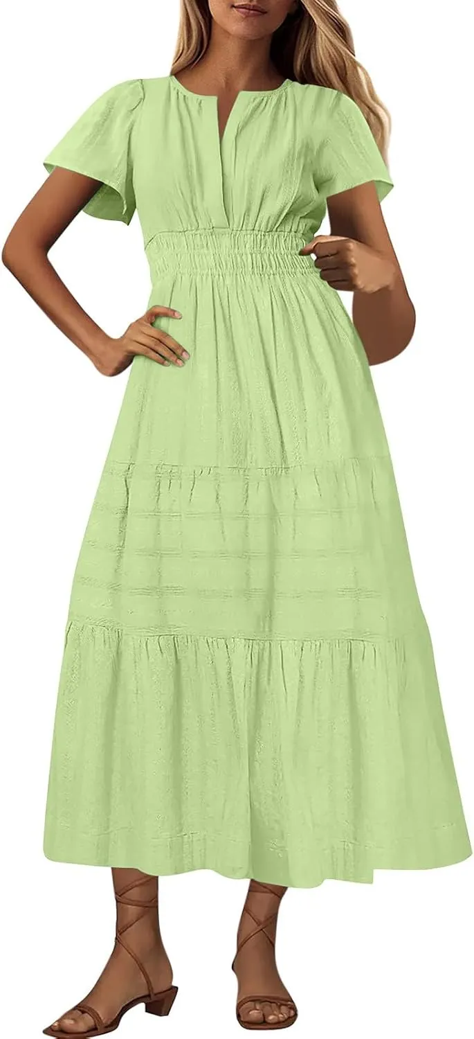 Casual Dresses for Women 2025 High Waisted Summer Vacation Dress Short Sleeve V Neck Holiday Midi Dresses