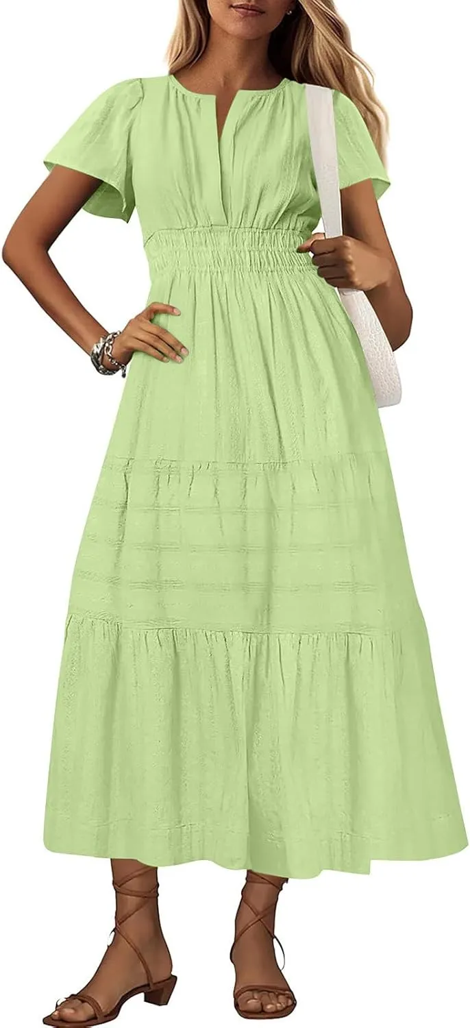 Casual Dresses for Women 2025 High Waisted Summer Vacation Dress Short Sleeve V Neck Holiday Midi Dresses