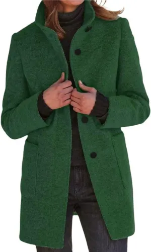 CHARTOU Women Winter Long Pea Coat Wool Blend Stand Collar Single Breast Thicken Blazer Jacket
