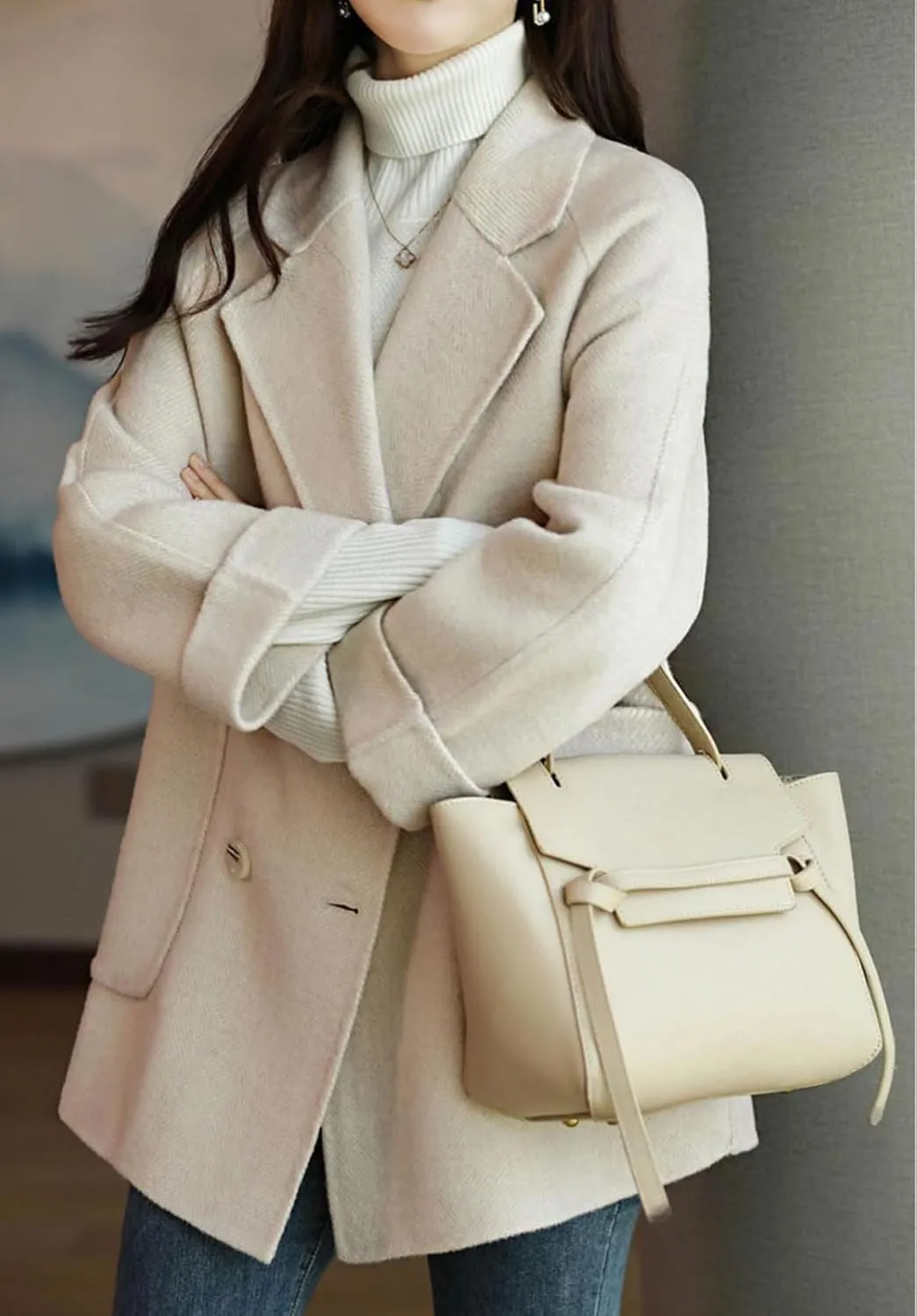 CHARTOU Women Wool Coat Peacoat Jacket Thick Loose Double Breasted Pea Coat Woolen Winter Overcoat