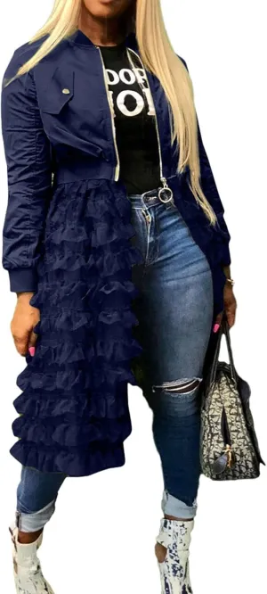 CHARTOU Women Zip Up Long Bomber Jacket Tiered Mesh Tulle Dress Sheer Jacket Trench Coat