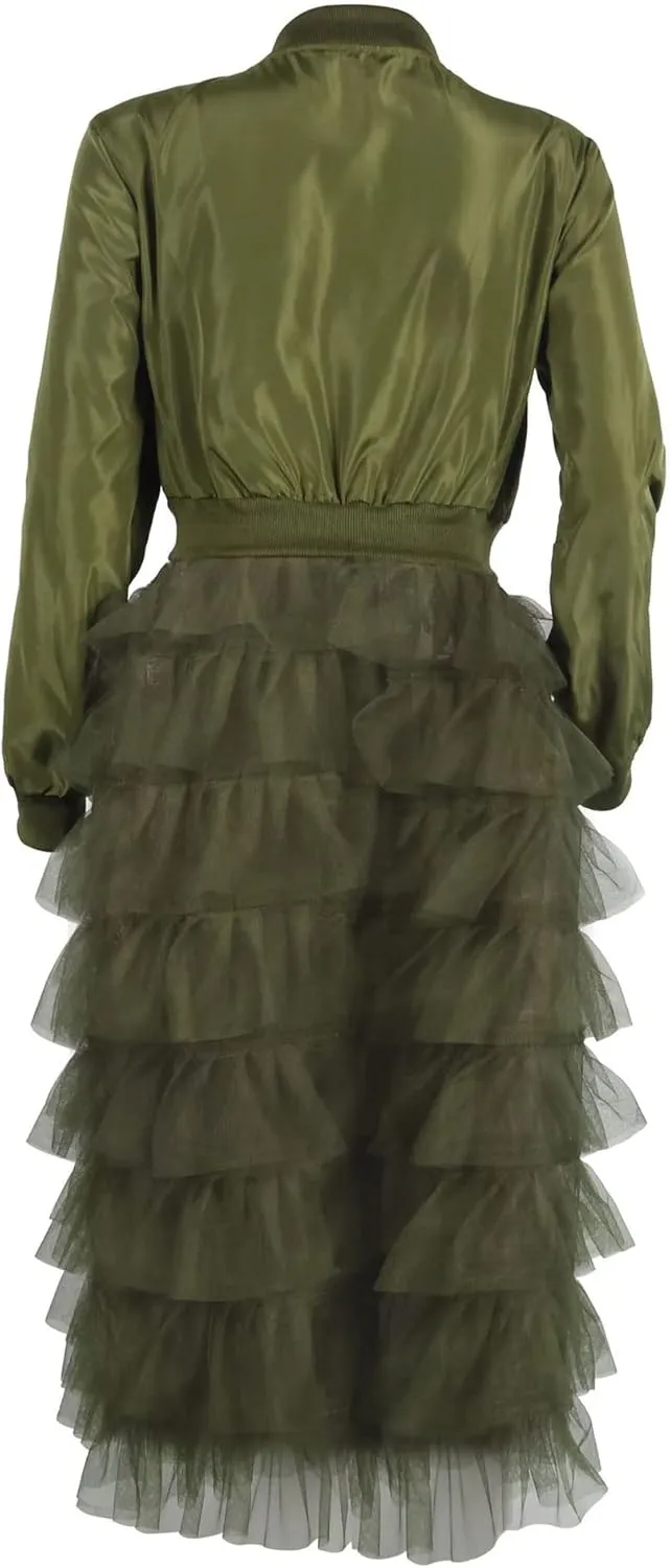 CHARTOU Women Zip Up Long Bomber Jacket Tiered Mesh Tulle Dress Sheer Jacket Trench Coat