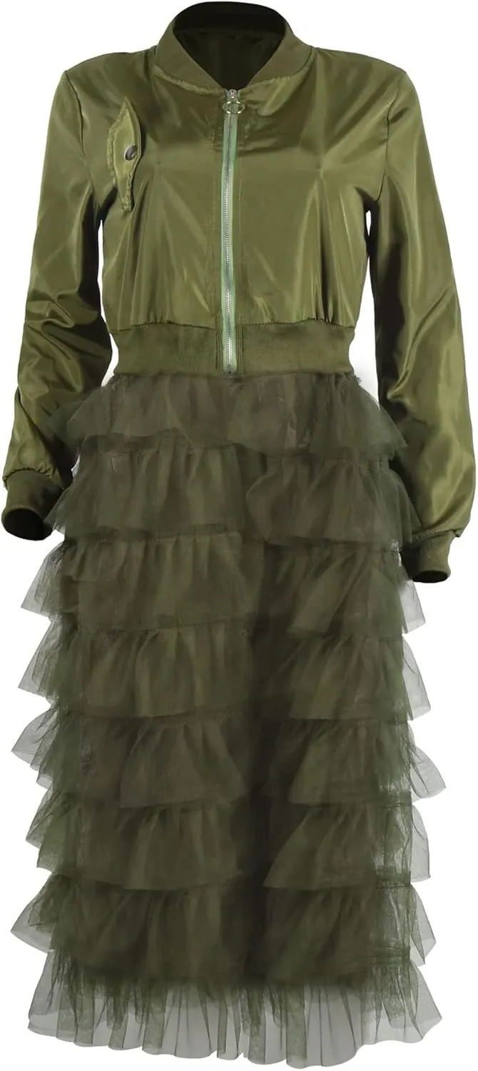 CHARTOU Women Zip Up Long Bomber Jacket Tiered Mesh Tulle Dress Sheer Jacket Trench Coat