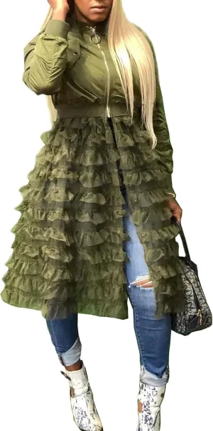 CHARTOU Women Zip Up Long Bomber Jacket Tiered Mesh Tulle Dress Sheer Jacket Trench Coat