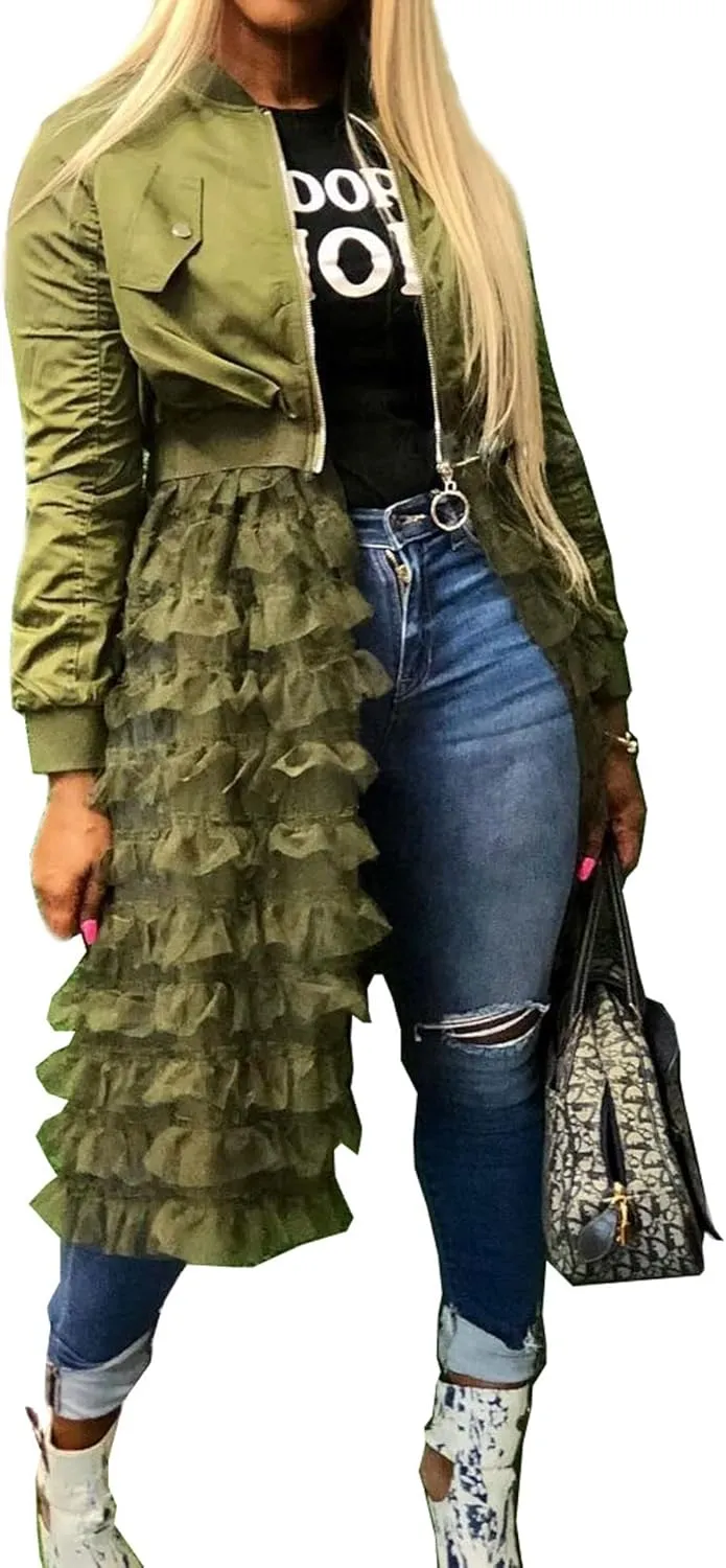 CHARTOU Women Zip Up Long Bomber Jacket Tiered Mesh Tulle Dress Sheer Jacket Trench Coat