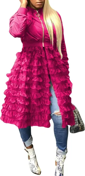 CHARTOU Women Zip Up Long Bomber Jacket Tiered Mesh Tulle Dress Sheer Jacket Trench Coat