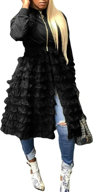 CHARTOU Women Zip Up Long Bomber Jacket Tiered Mesh Tulle Dress Sheer Jacket Trench Coat