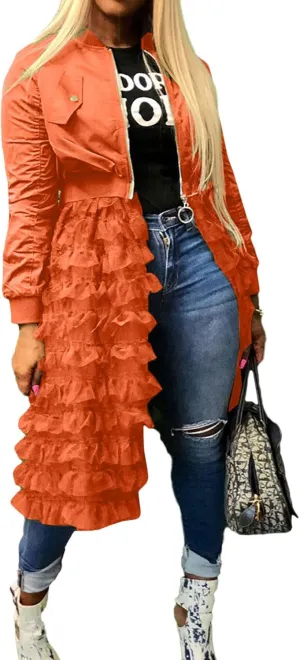 CHARTOU Women Zip Up Long Bomber Jacket Tiered Mesh Tulle Dress Sheer Jacket Trench Coat