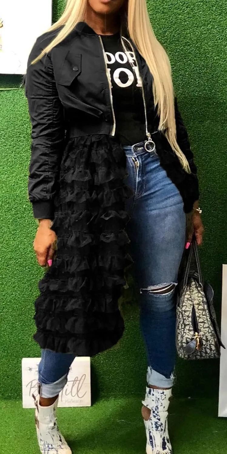 CHARTOU Women Zip Up Long Bomber Jacket Tiered Mesh Tulle Dress Sheer Jacket Trench Coat