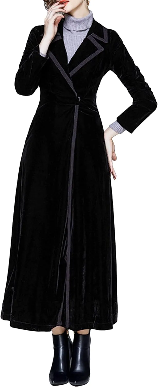 CHARTOU Women's Elegant Velvet One Button Maxi Trench Coat Pocket Party Overcoat