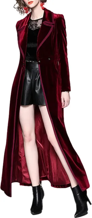 CHARTOU Women's Elegant Velvet One Button Maxi Trench Coat Pocket Party Overcoat