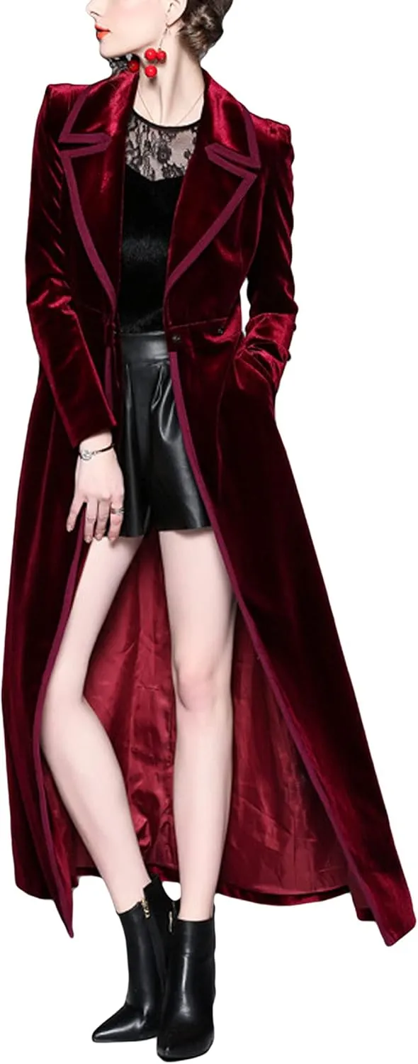 CHARTOU Women's Elegant Velvet One Button Maxi Trench Coat Pocket Party Overcoat