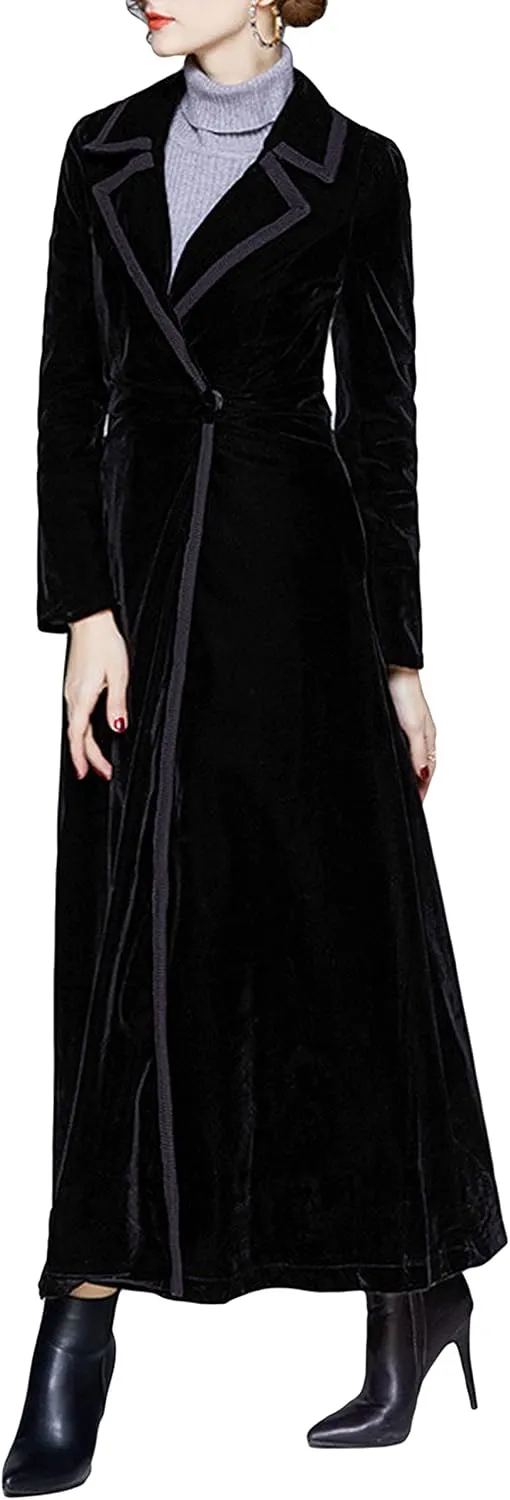 CHARTOU Women's Elegant Velvet One Button Maxi Trench Coat Pocket Party Overcoat