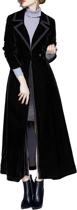 CHARTOU Women's Elegant Velvet One Button Maxi Trench Coat Pocket Party Overcoat