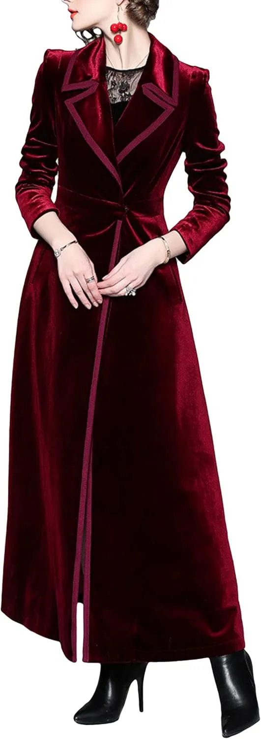 CHARTOU Women's Elegant Velvet One Button Maxi Trench Coat Pocket Party Overcoat