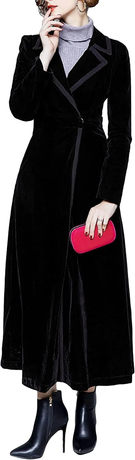 CHARTOU Women's Elegant Velvet One Button Maxi Trench Coat Pocket Party Overcoat