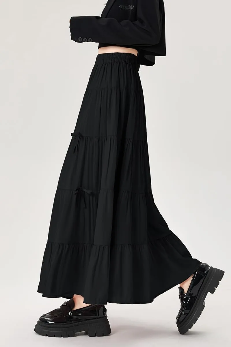 chouyatou Women's Casual Elastic Waist Ruffle Hem Skirt Vintage Bow Trim Pleated Flowy Swing Long Skirt