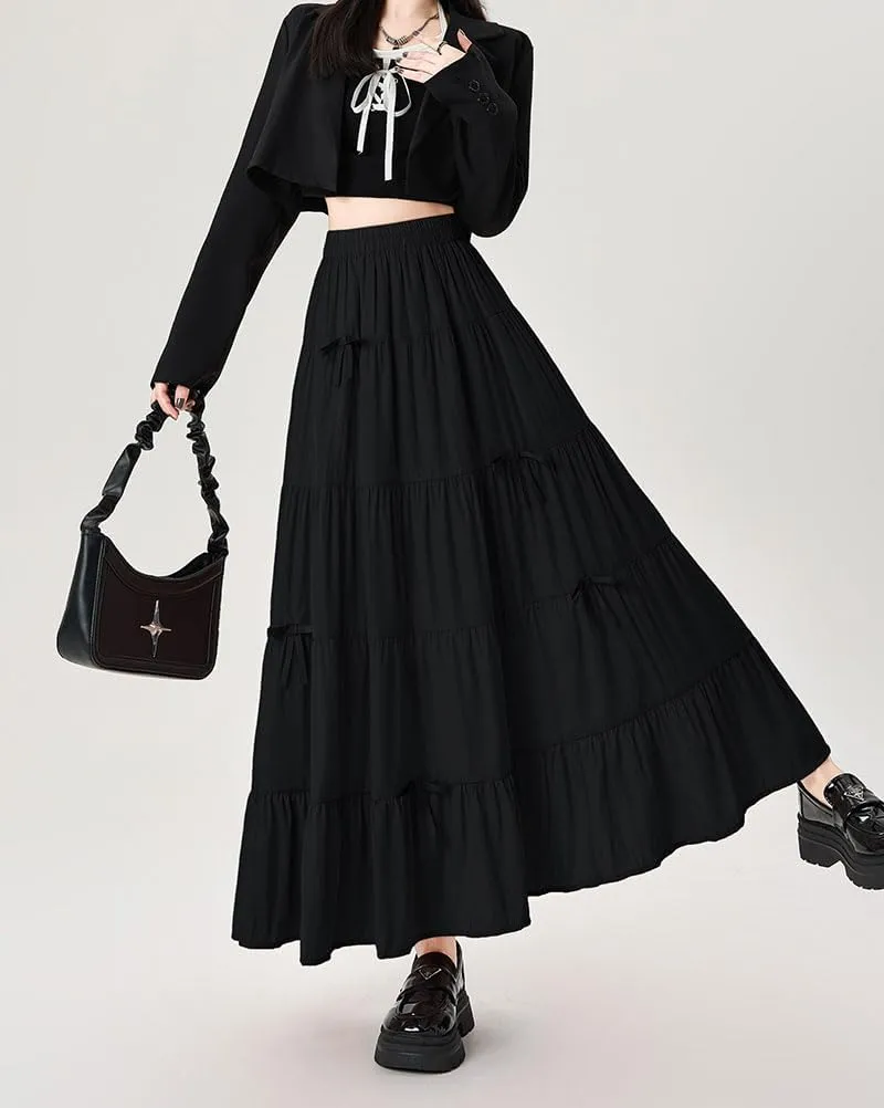 chouyatou Women's Casual Elastic Waist Ruffle Hem Skirt Vintage Bow Trim Pleated Flowy Swing Long Skirt