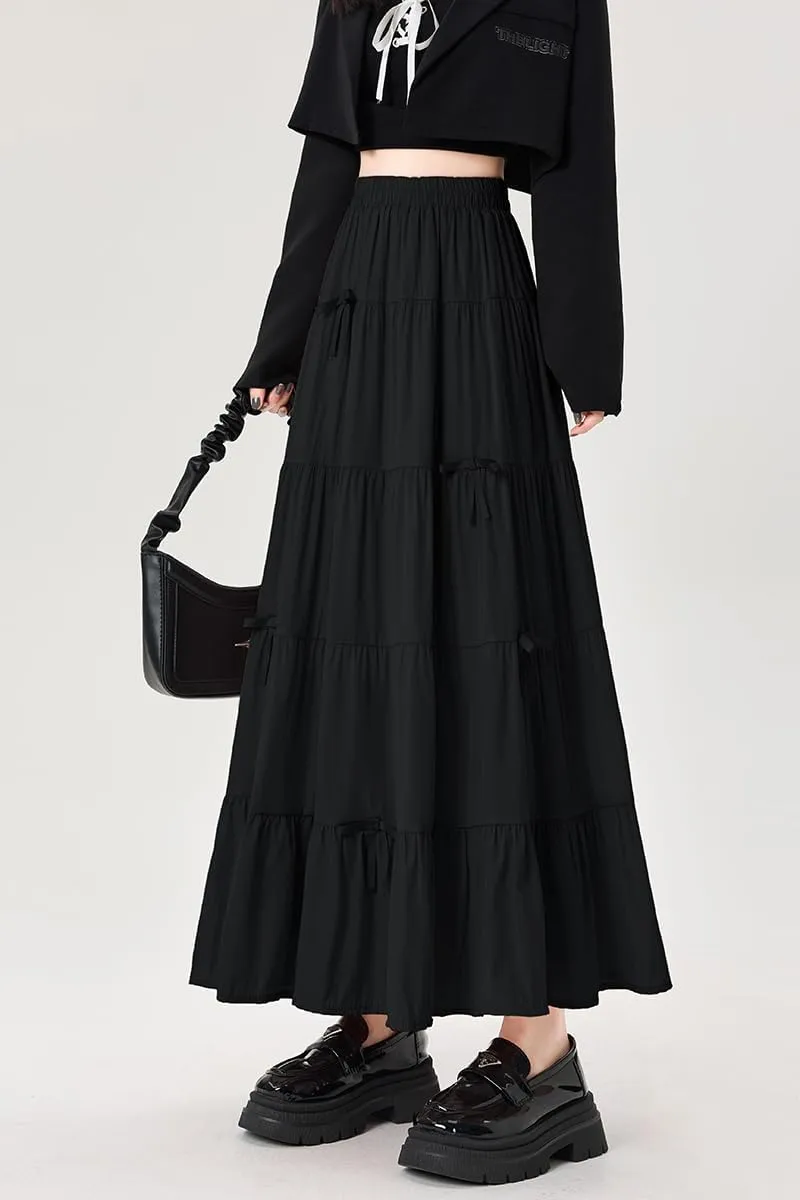 chouyatou Women's Casual Elastic Waist Ruffle Hem Skirt Vintage Bow Trim Pleated Flowy Swing Long Skirt