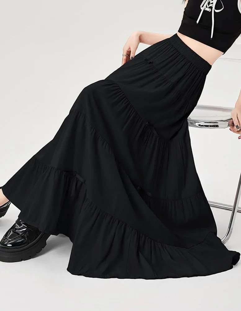 chouyatou Women's Casual Elastic Waist Ruffle Hem Skirt Vintage Bow Trim Pleated Flowy Swing Long Skirt