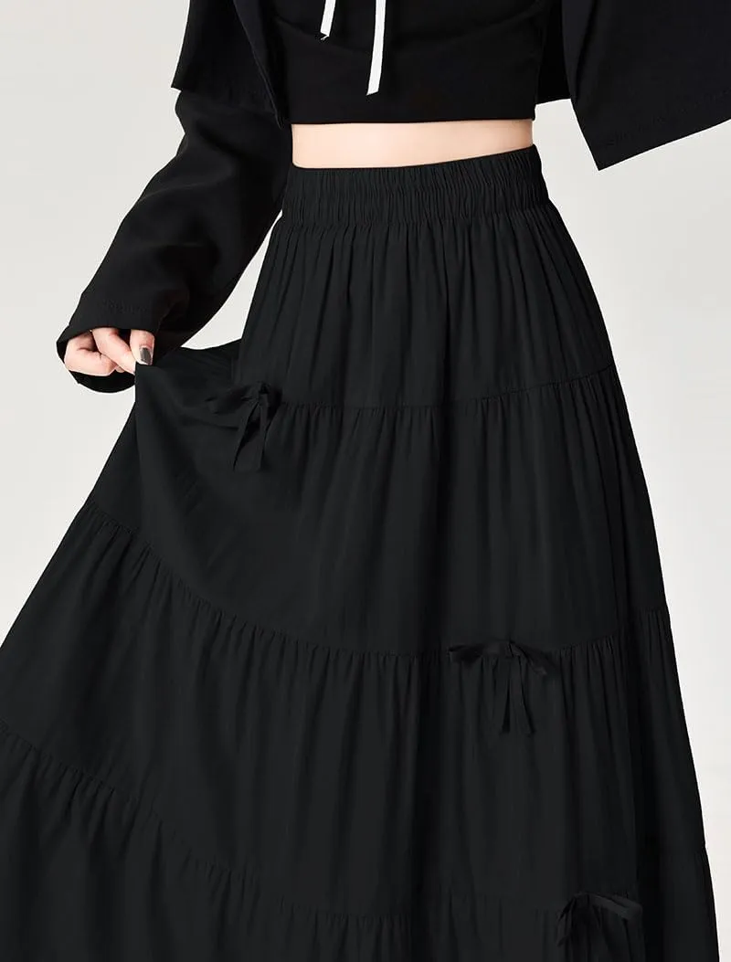 chouyatou Women's Casual Elastic Waist Ruffle Hem Skirt Vintage Bow Trim Pleated Flowy Swing Long Skirt