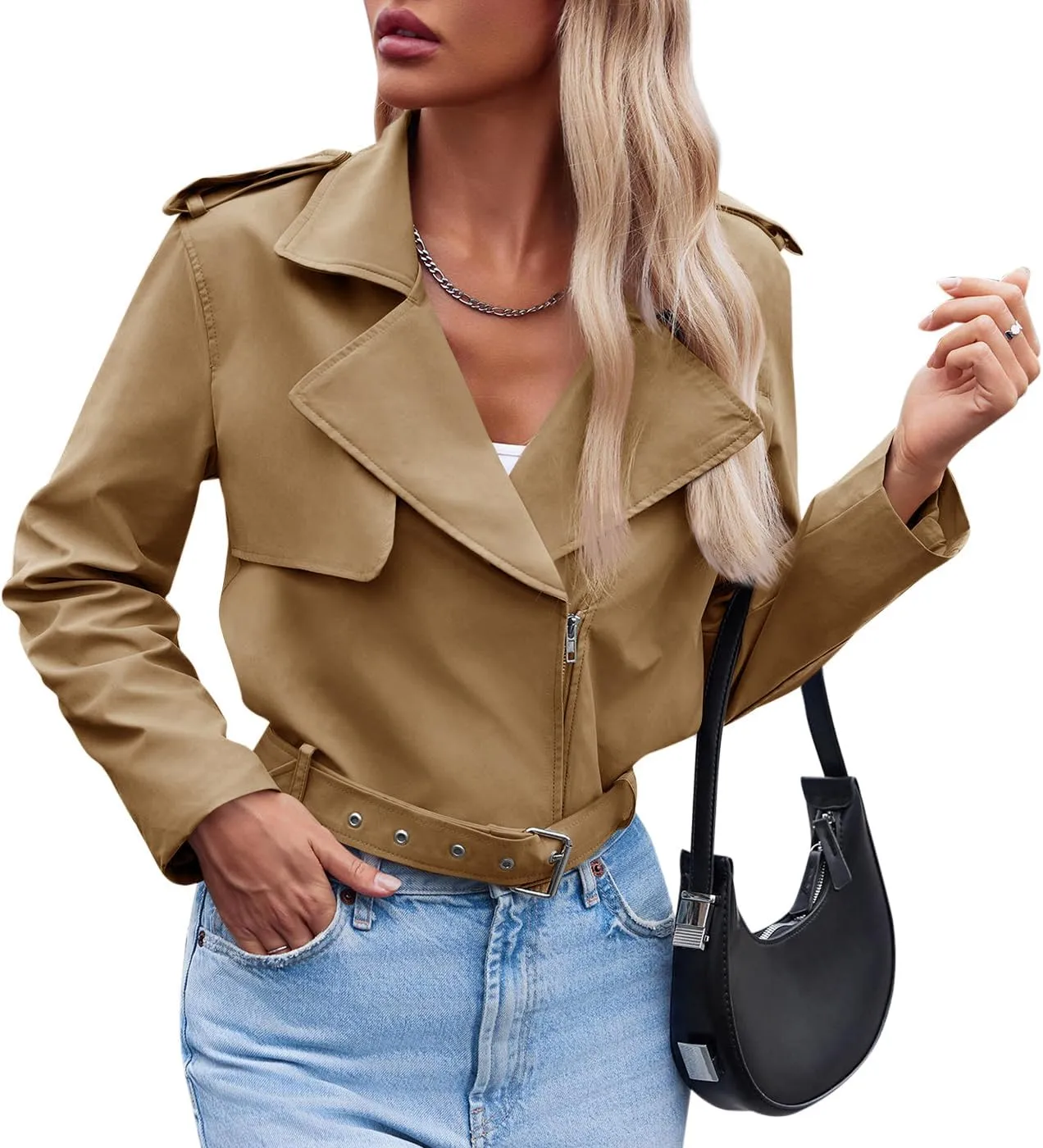 Cicy Bell Womens Cropped Trench Coat Zip Up Lapel Long Sleeve Casual Work Short Jacket Outerwear