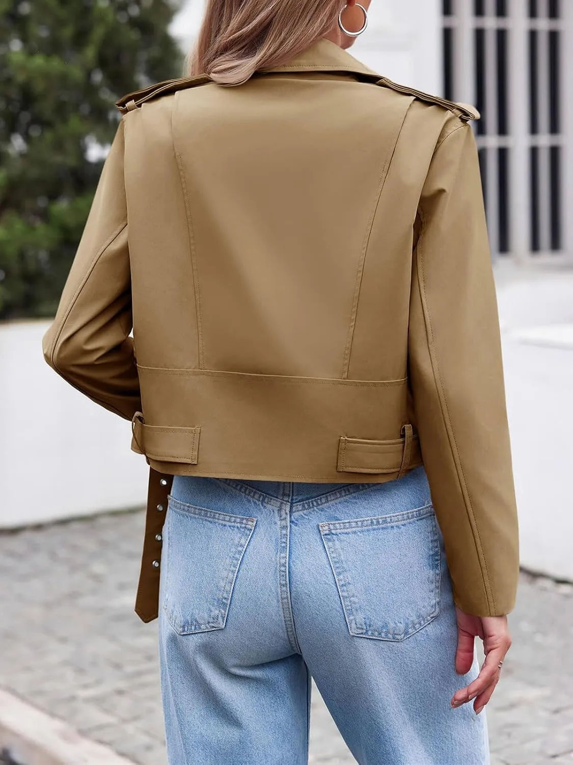 Cicy Bell Womens Cropped Trench Coat Zip Up Lapel Long Sleeve Casual Work Short Jacket Outerwear