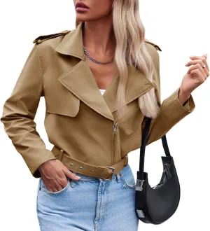 Cicy Bell Womens Cropped Trench Coat Zip Up Lapel Long Sleeve Casual Work Short Jacket Outerwear