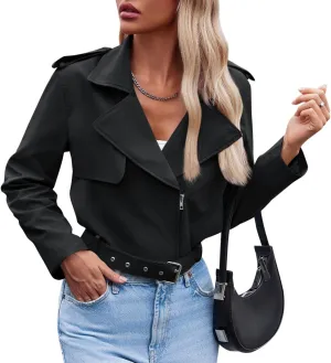 Cicy Bell Womens Cropped Trench Coat Zip Up Lapel Long Sleeve Casual Work Short Jacket Outerwear