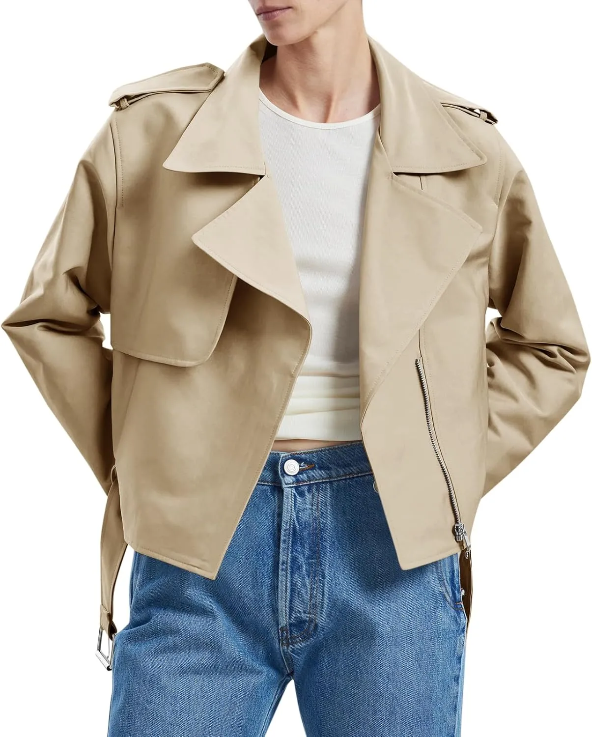 Cicy Bell Womens Cropped Trench Coat Zip Up Lapel Long Sleeve Casual Work Short Jacket Outerwear
