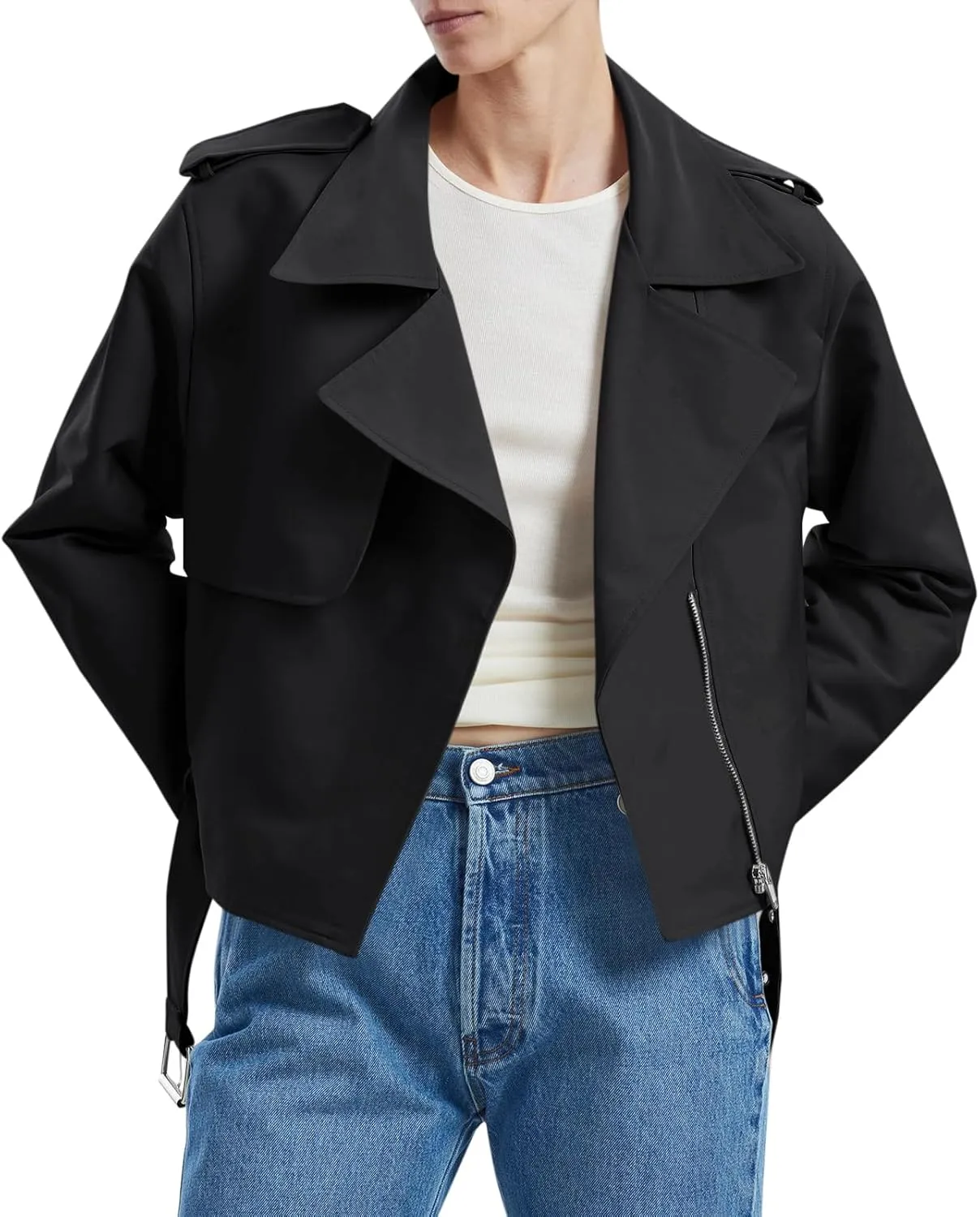 Cicy Bell Womens Cropped Trench Coat Zip Up Lapel Long Sleeve Casual Work Short Jacket Outerwear