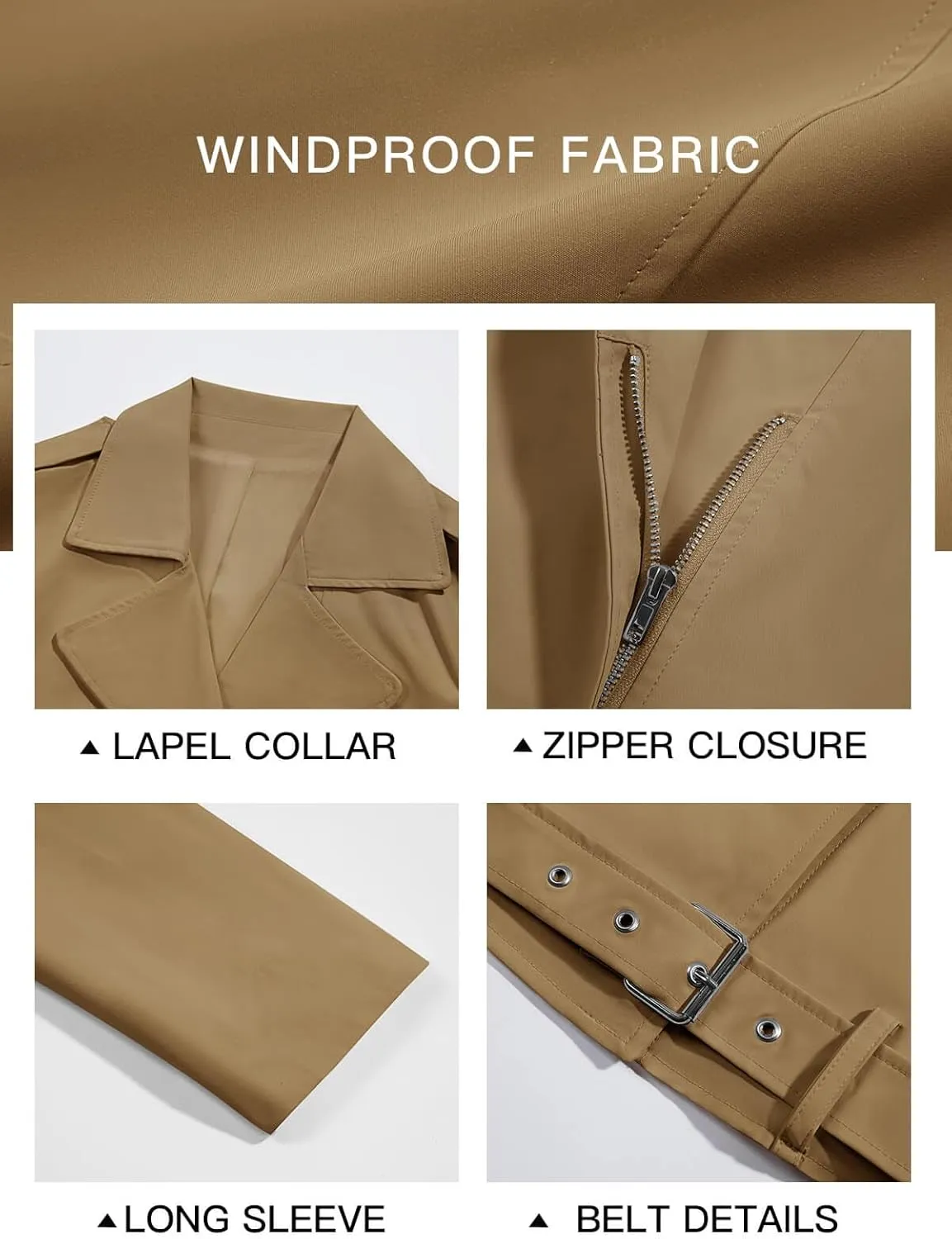 Cicy Bell Womens Cropped Trench Coat Zip Up Lapel Long Sleeve Casual Work Short Jacket Outerwear