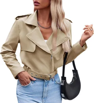 Cicy Bell Womens Cropped Trench Coat Zip Up Lapel Long Sleeve Casual Work Short Jacket Outerwear
