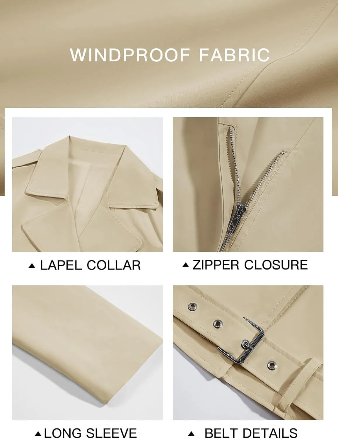 Cicy Bell Womens Cropped Trench Coat Zip Up Lapel Long Sleeve Casual Work Short Jacket Outerwear