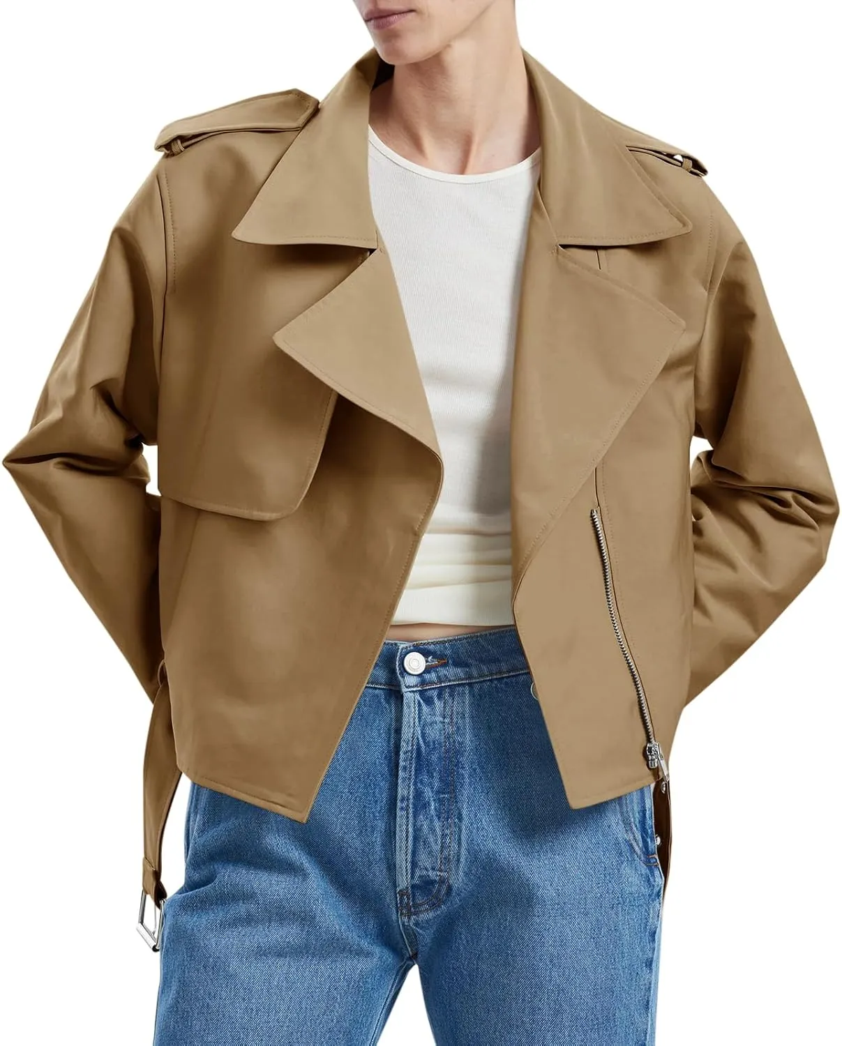 Cicy Bell Womens Cropped Trench Coat Zip Up Lapel Long Sleeve Casual Work Short Jacket Outerwear