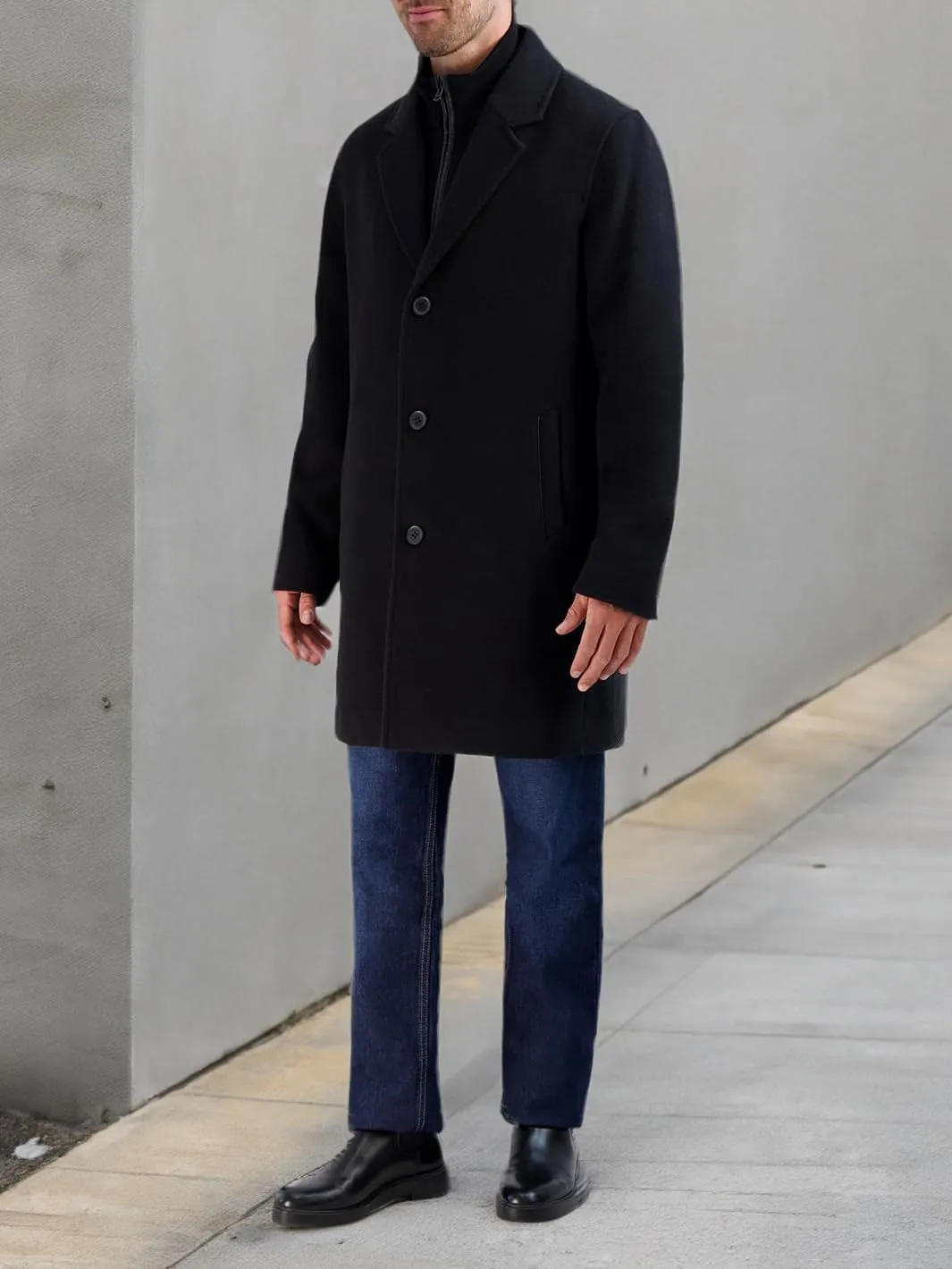Cole Haan Men's Car Coat with Rib Knit Bib and Faux Leather Detail