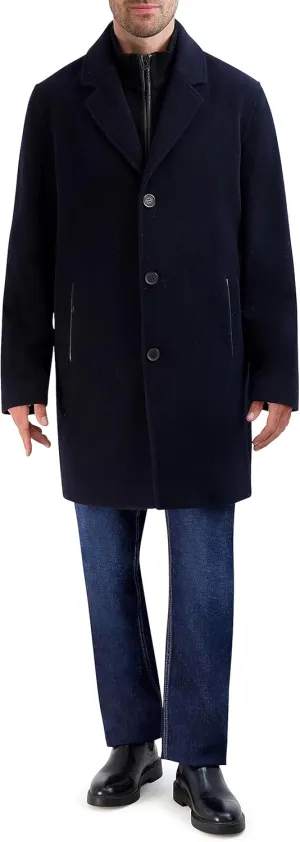 Cole Haan Men's Car Coat with Rib Knit Bib and Faux Leather Detail