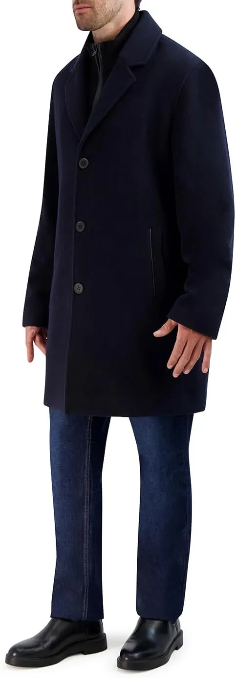 Cole Haan Men's Car Coat with Rib Knit Bib and Faux Leather Detail
