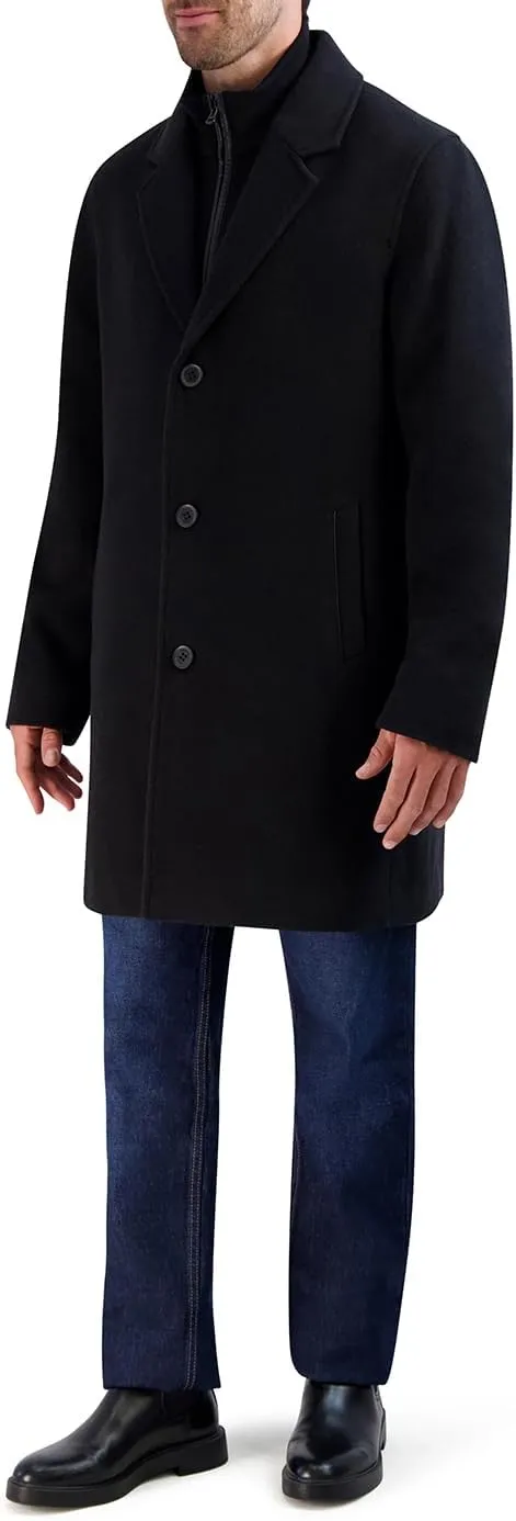 Cole Haan Men's Car Coat with Rib Knit Bib and Faux Leather Detail