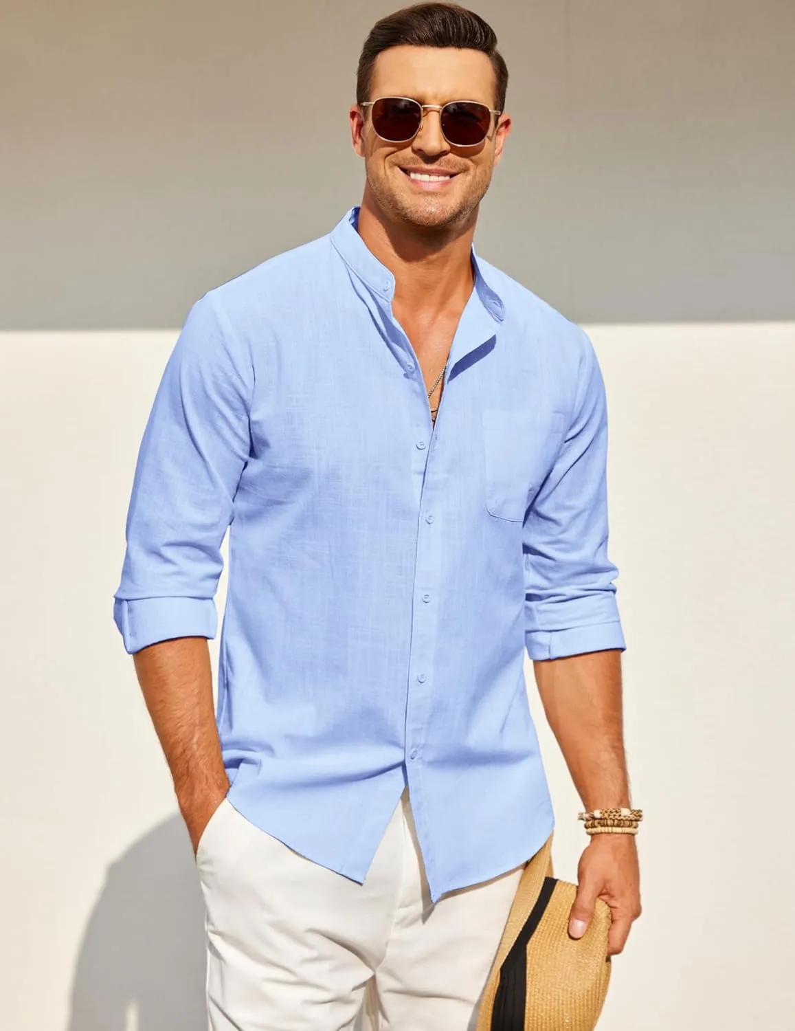 COOFANDY Men's Long Sleeve Cotton Linen Shirt Beach Button Down Shirts Casual Button Up Shirt Summer Yoga Tops with Pocket